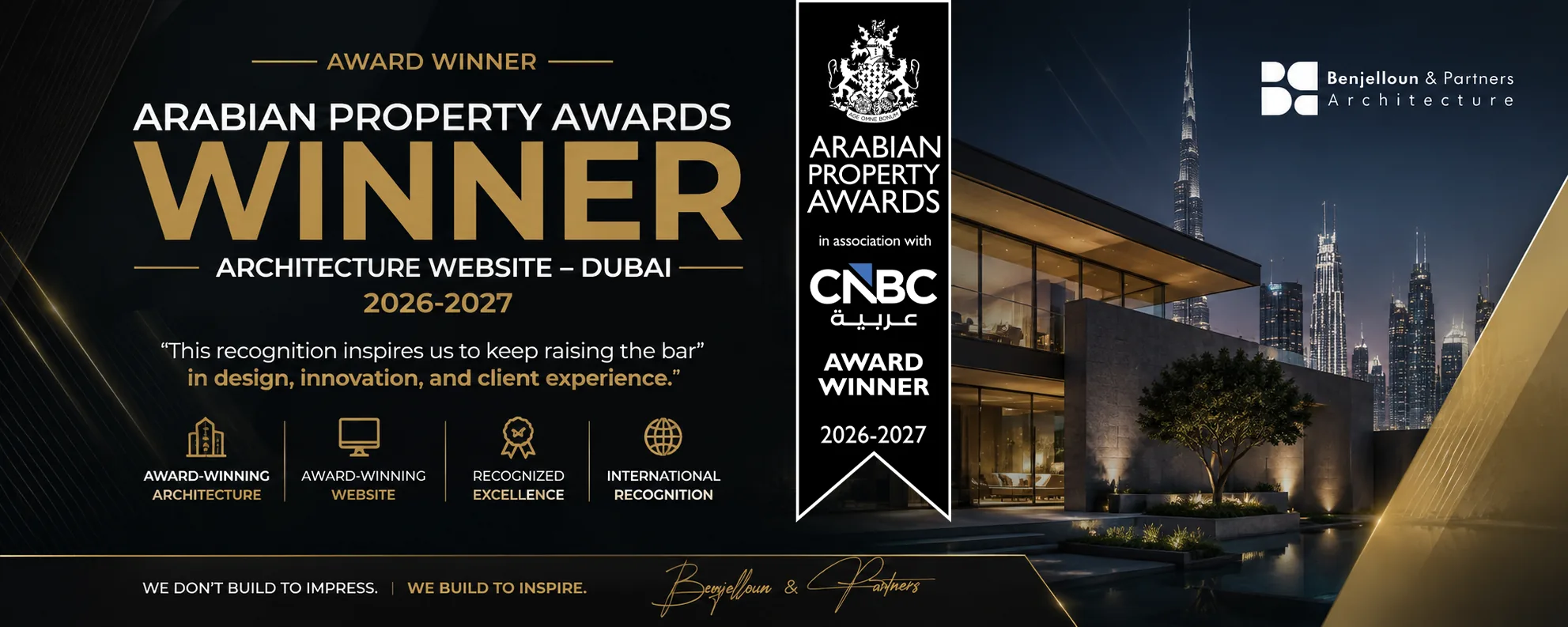 Lauréat des Arabian Property Awards 2026-2027, catégorie site web d'architecture – Dubaï. Benjelloun & Partners Architecture.