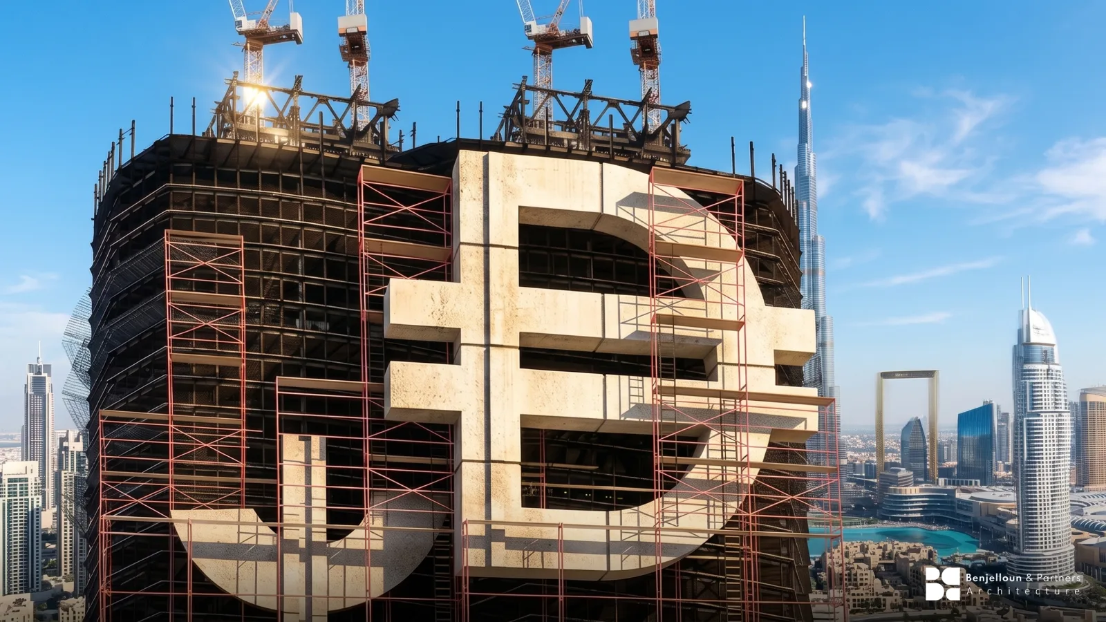 A high-rise building under construction in Dubai, with the UAE dirham symbol in the foreground and the Downtown skyline beyond.