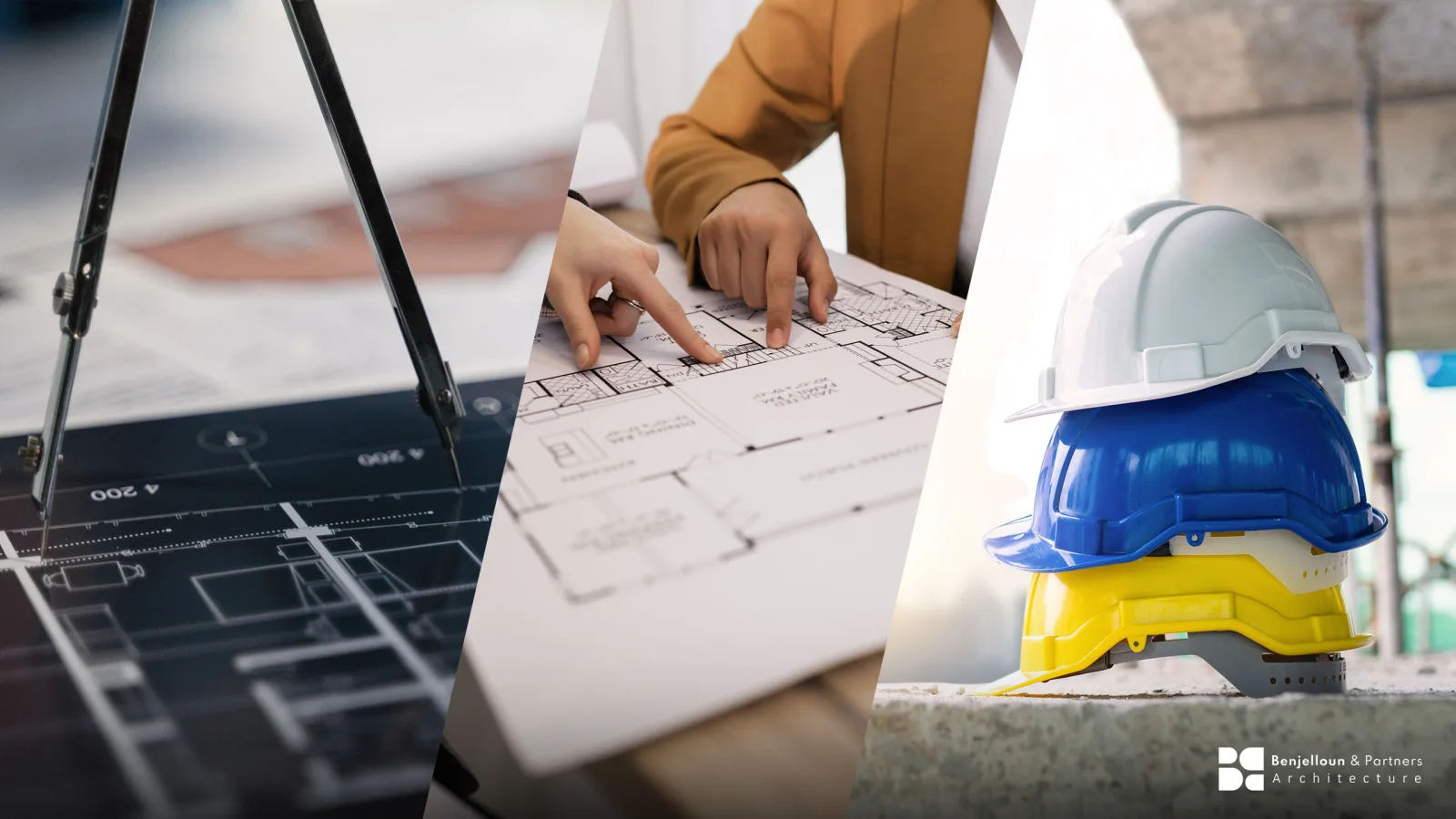 A three-part composition: drawing instruments on a plan, a person reviewing drawings, and a stack of safety helmets.
