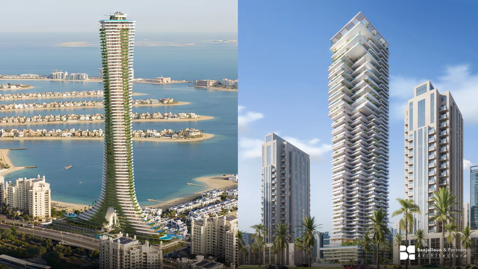 Two residential tower visualisations side by side, one in a waterfront setting and one in a dense urban context.