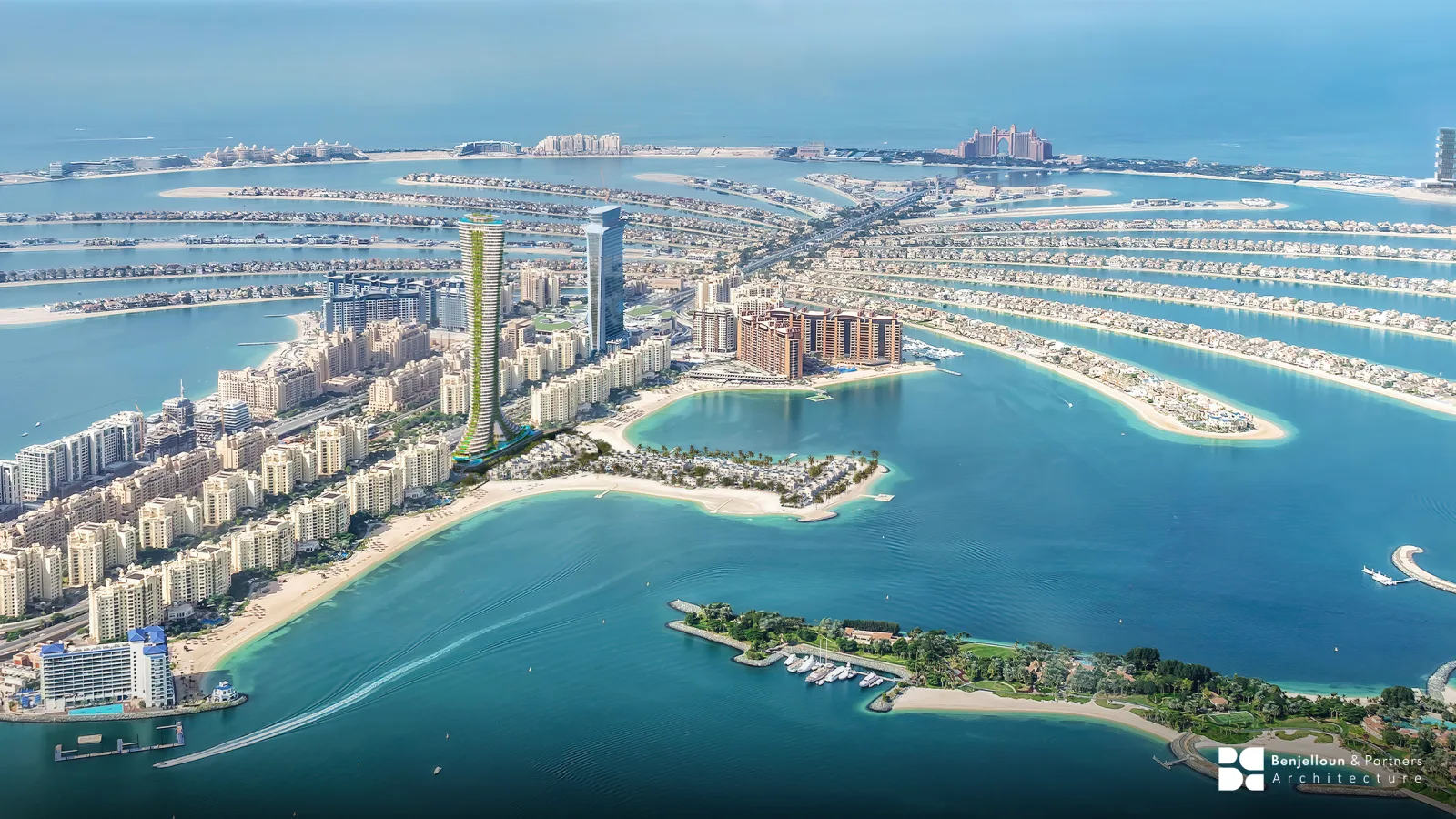 An aerial view of Palm Jumeirah, its fronds and crescent reaching into the Gulf.