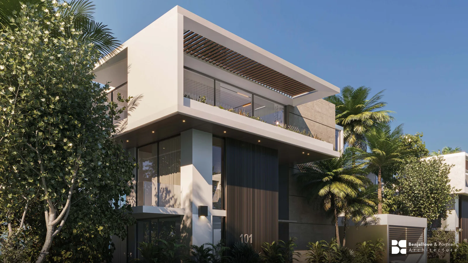 A contemporary two-storey villa with a shaded upper terrace, louvred screening and mature planting.