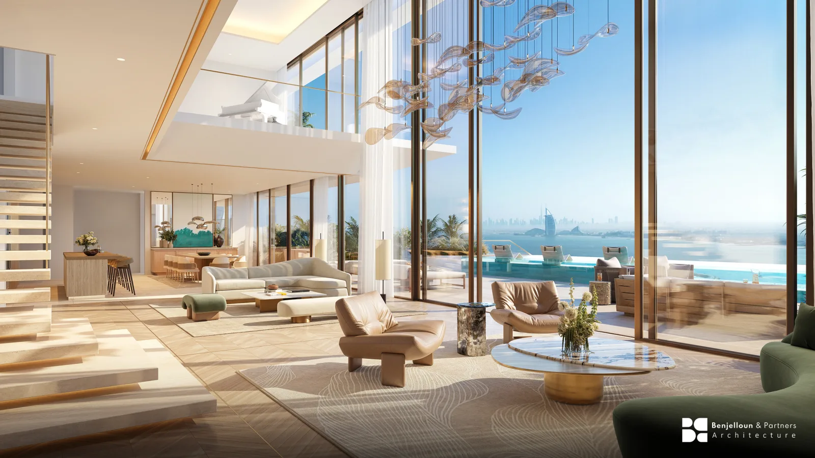 A double-height hospitality interior opening onto a terrace and pool, with a sculptural light installation and a sea view.