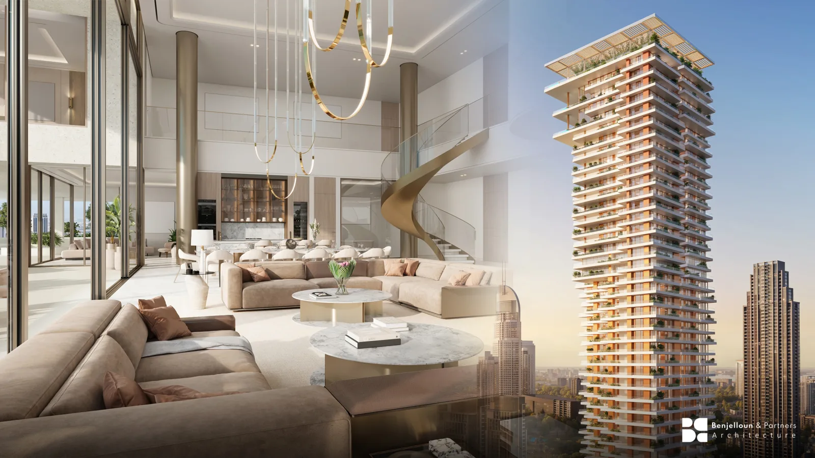 The lobby of a branded residential tower, its material palette restrained and its lighting low.