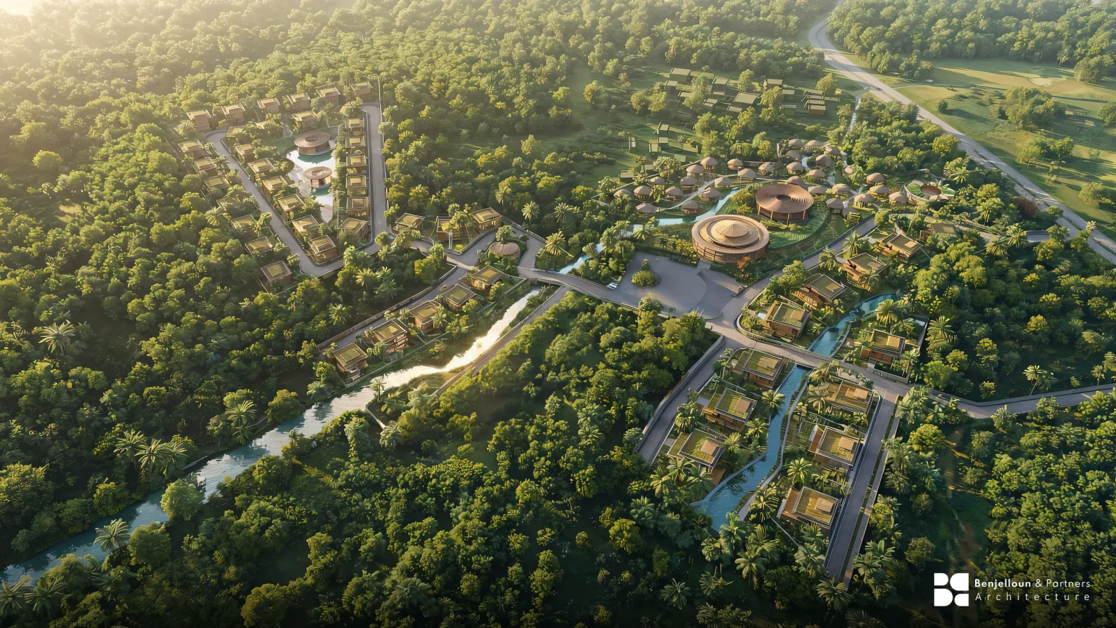 An aerial visualisation of a low-density masterplan, villas and pavilions set within dense woodland and waterways.