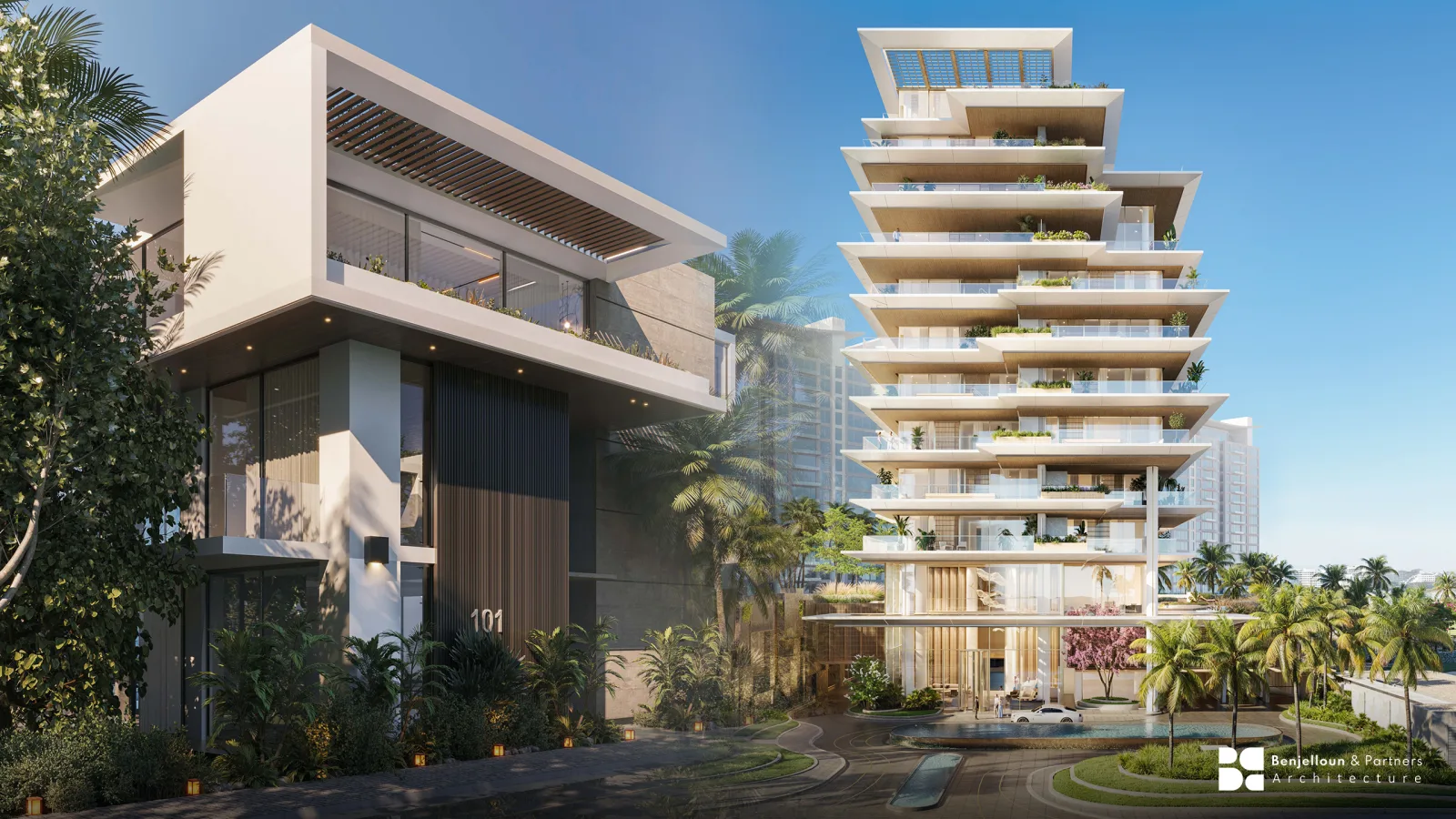 A low villa with a garden in the foreground and a residential tower rising behind it.