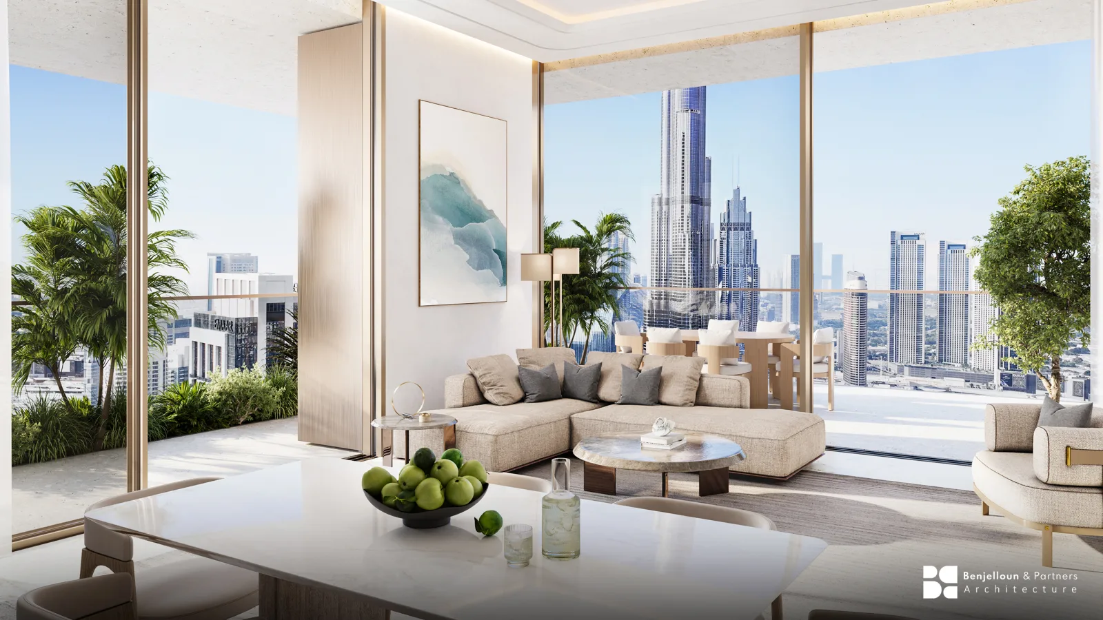 The living area of a branded residence, floor-to-ceiling glazing framing a view across the Downtown Dubai skyline.